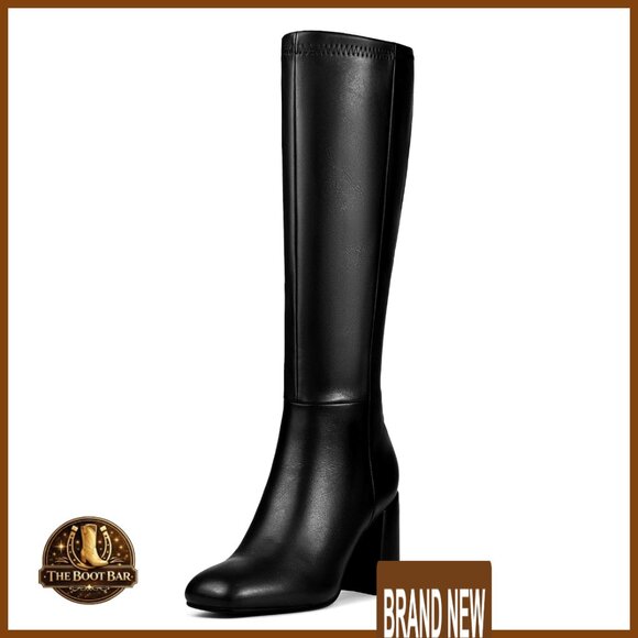 Knee High Boots Faux Leather Square Toe Chunky Heel Side Zip Fashion Tall Boots
